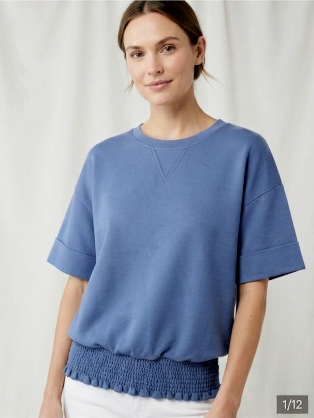Blue Smocked Hem Short Sleeve Sweatshirt Medium M Like New